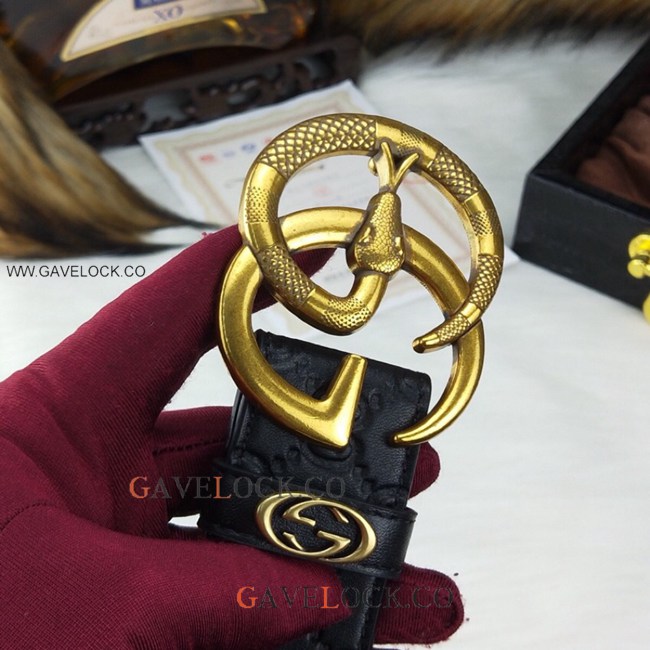 NEW Gucci Black Leather Belt with Snake G Buckle